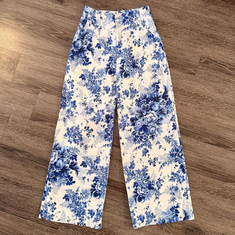 Maeve Linen Blend Blue White Floral Wide Leg Pants